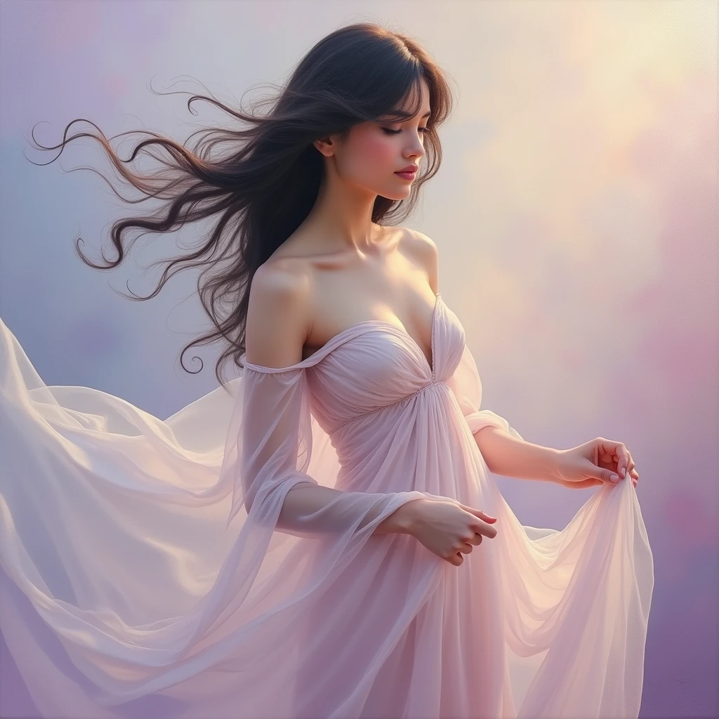 In this meticulously detailed, hyper-realistic oil painting, a graceful woman inspired by Art Nouveau elegance takes center stage. She drapes herself in a flowing, sheer dress that appears to be caught in a gentle breeze, adding to her ethereal and dreamlike presence. Her dark hair tumbles down her back in soft waves, framing her face and enhancing her enchanting aura.

The transparent fabric of her dress billows around her, subtly revealing the contours of her form while blending harmoniously with the dreamy, pastel-toned background. The background is a soft fusion of colors—pale pinks, lavender, and soft blues—merging seamlessly with the woman's ethereal aura, creating a surreal and enchanting atmosphere.

The woman's elegant and poised pose is highlighted by her slightly tilted