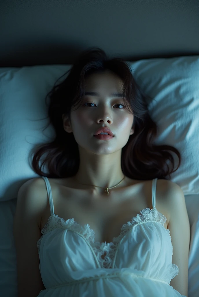 Long Summer Night、A beautiful young Japanese woman is lying in bed、The woman is wearing a sheer gown..、Anxiety waiting in the car