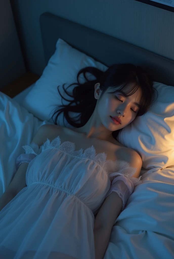 Long Summer Night、A beautiful young Japanese woman is lying in bed、The woman is wearing a sheer gown..、Anxiety waiting in the car