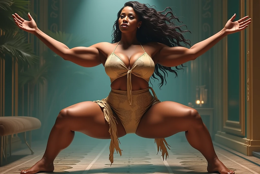 A body that looks like its clothes will burst with muscles,Create a high-resolution realist 3d image of a dark skin toned melanin elegant woman with a findom dominant and commanding persona and Prescence wearing luxurious attire, such as a tailored suits or designer dress, and posed in a confident stance. full body tall and plus size curvey body 5'9 265 lbs This mage should exude power, control, and sophistication, with a hint of mystery. the back ground is lavish hight rise office or a luxurious richly decotated tool reflecting wealth and power