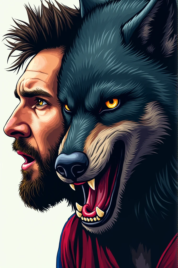 Create a Lionel Messi cartoon image with half face of very scary dark angry wolf with blood scars