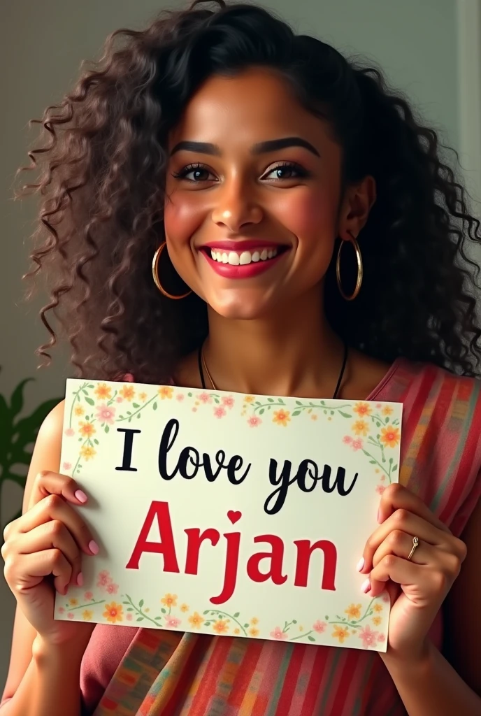 An image where a fat black Indian lady is holding a sign saying I love you arjan
