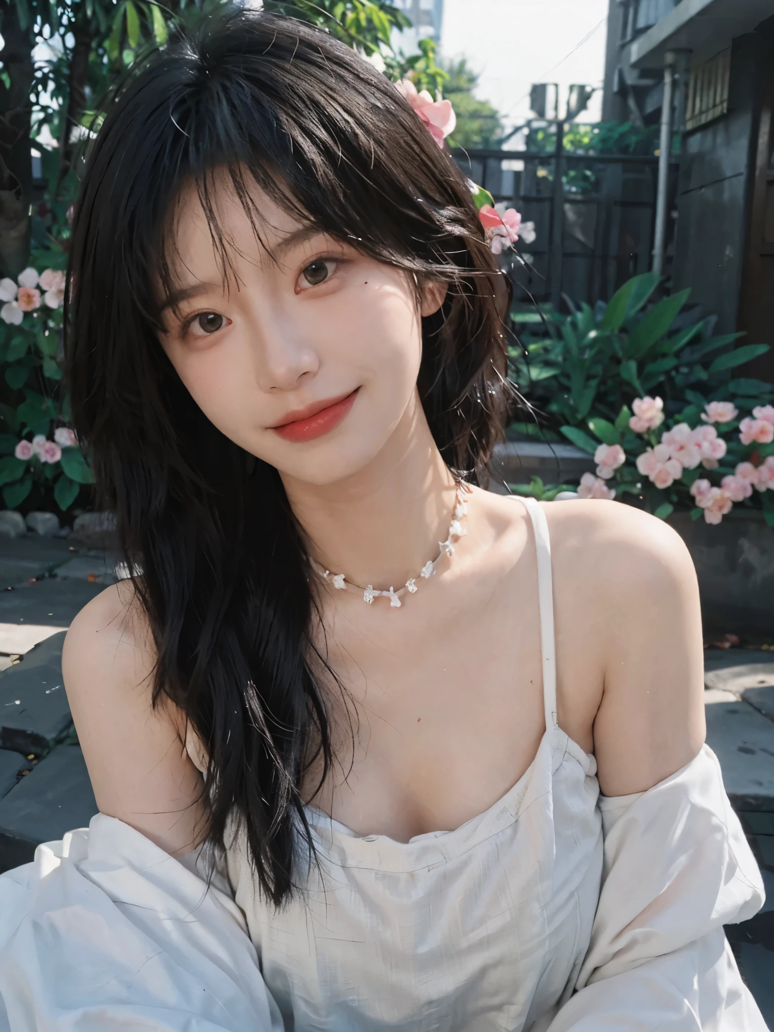 best qualtiy, Ultra-high resolution, (realisticlying:1.4),cute hairpin,Baoyu Girl,European style apartment,(flatchest:1.2) ,A pair of clear and moving peach blossom eyes,Royal Sister,sunshine on face,Big waves,(ln the forest:1.4),(choker necklace:1.2),(Fair skin:1.4),a sense of atmosphere,a beauty girl, ssmile,head straight-looking at viewer, closeup cleavage ,(Photorealistic:1.4),1girll,sexly,(Upper body:1.4),(Wet body),(:1.2)