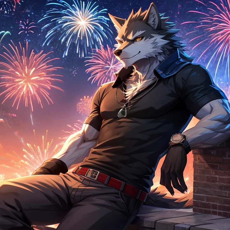 1male anthro Wolf, has Wolf Tail, Solo, (Realistic eye details,  (beautiful detailed eyes), anime character,  cool pose, moderate intensity body, has golden eyes, wears black shirt with  gloves, wears farmer pants, Handsome face, nice, Watch fireworks, Leaning on the rooftop, evening, Leisure relaxation background, perfect anatomy, full body like, slim body, good looking, muscular, anime style, 8k, 4k anime wallpaper, anime art wallpaper