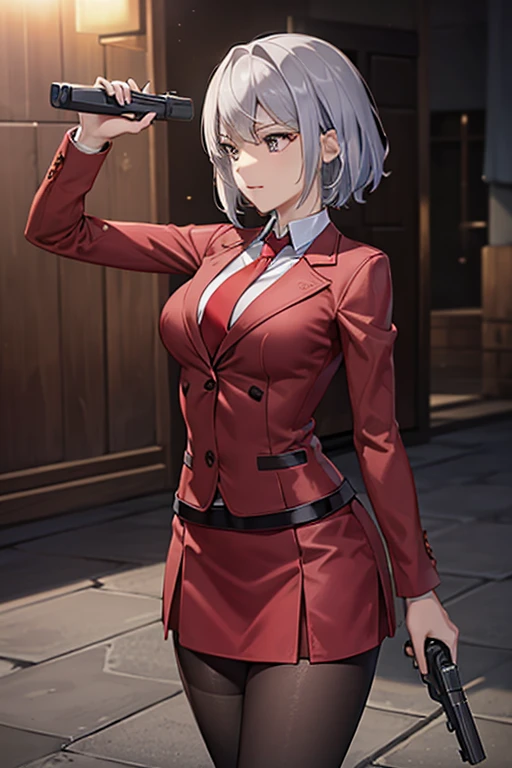 Highest quality、Ultra HD、One Woman、(Silver short hair)、(Red blazer 1.3)、(Red tie)、(shirt)、(Red Heel 1.1)、((Red Mini Tight Skirt))、((Black tights 1.2))、((Shooting with a gun in each hand.5))、Stylish、Beautiful Faces、(Black belt 1.2)、2 female、Glamorous Body、(Sunset slum background 1.2)、((A clear and beautiful touch))