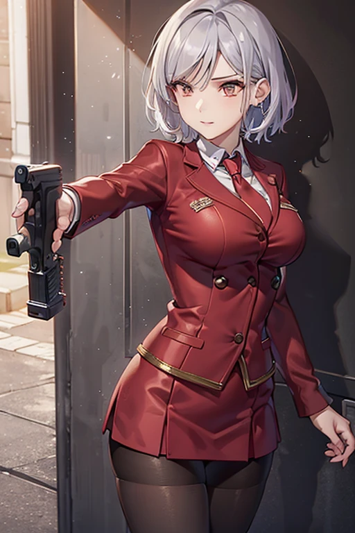 Highest quality、Ultra HD、One Woman、(Silver short hair)、(Red blazer 1.3)、(Red tie)、(shirt)、(Red Heel 1.1)、((Red Mini Tight Skirt))、((Black tights 1.2))、((Shooting with a gun in each hand.5))、Stylish、Beautiful Faces、(Black belt 1.2)、2 female、Glamorous Body、(Sunset slum background 1.2)、((A clear and beautiful touch))