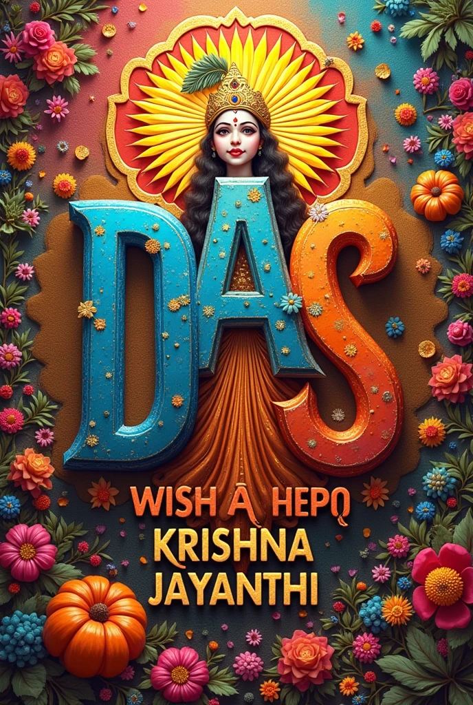 Generate a collage wishing happy Krishna jayanthi to letters D A A S , Middle part should contain the wish and around it the letters "D", "A","A","S". Make it beautiful. Only 4 LETTERS and use each letter only once