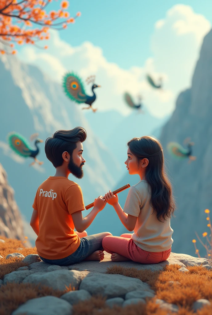 Create a 3D image of 2 nepali Beard boy and 20 years old nepali devotional girl , Who is sitting next to Krishna ji and Kristen ji playing the flute, they both sit together on the mountain boy wearing T-shirt name Pradip written on it and girl wearing T-shirt name Tunisha written on it, haven like beautiful view background, 4 peacock dancing, realistic image and boy and girl is in barefoot 