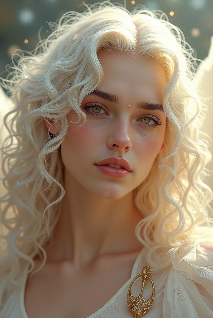 Create a portrait of Gabriels, an androgynous and ethereal figure. He has long, platinum curly hair that cascades gracefully. His toned body and silky smooth skin enhance his divine, otherworldly beauty. Gabriels’ striking gold eyes are both captivating and intense. A beauty mark is placed on the right side, just below his lip. His appearance combines traditionally feminine features with a regal, commanding presence, conveying both majesty and grace. The background should be celestial or divine to highlight his celestial nature.