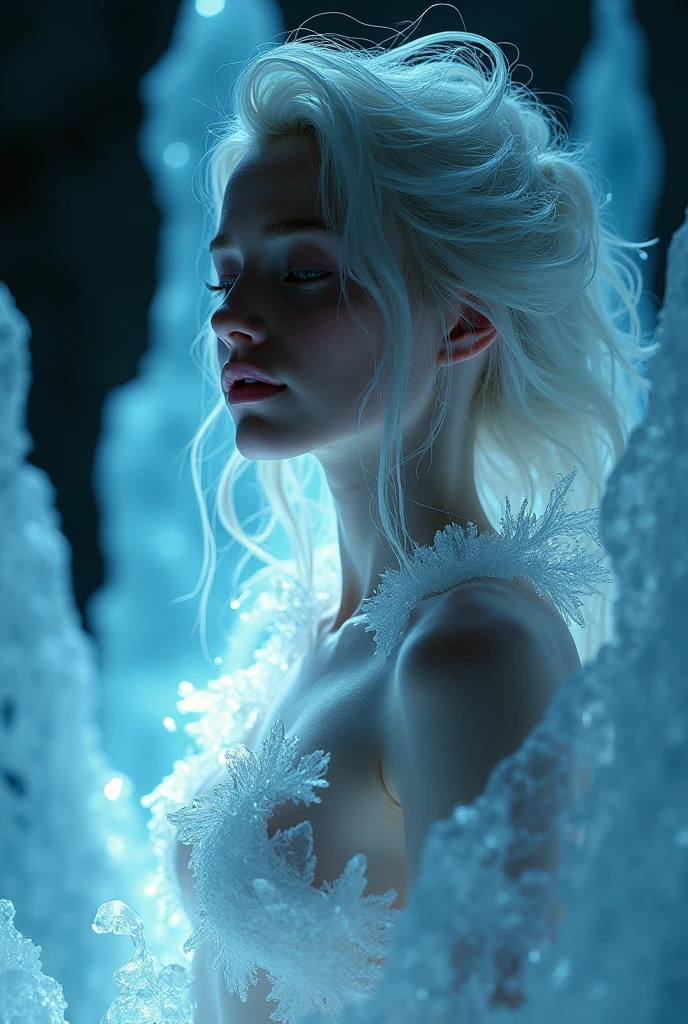 Nude, half body, close up, glowing woman in Ice, Ice hair, ethereal light, dark background, intense light, surreal atmosphere, digital art, dramatic lighting, detailed textures, ultra-high resolution