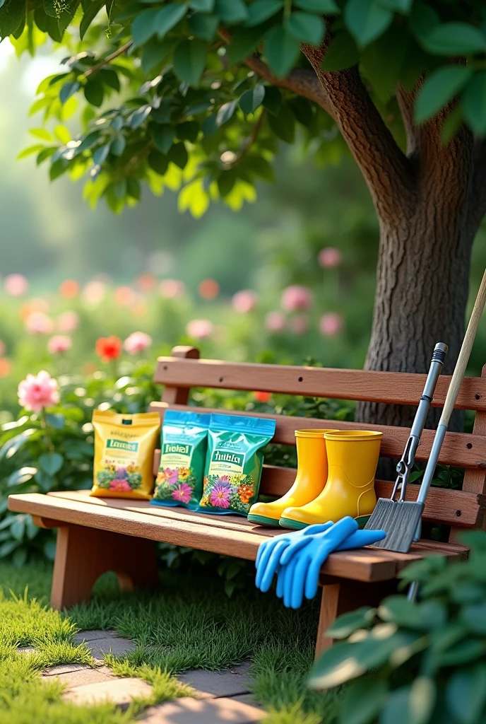There are 3 packets of fertilizer and a pair of yellow garden rubber shoes and silver flower tree cutting scissors and a pair of blue rubber gloves on a wooden bench under a big tree, there is a broom and also a grass scraper leaning on the edge of the bench, 3D Style with the background of a flower garden