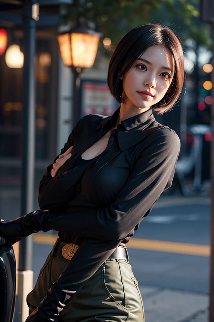 (at night), in a video game scene in the background, a beautiful city at night, raining, alone, standing looking straight ahead, military clothing with military green skirt and pants, black gloves, semi-short hair, ((semi-short hair)), 1 girl, 30 years old, young woman, perfect hands, Beautiful fingers, Beautiful long legs, Beautiful body, Beautiful nose, Beautiful character design, perfect face, looking straight at the viewer with a serious gesture, very upset looking at the viewer, she has a black whip in her hand (focusing on her face), closed mouth, smile_light, official art, extremely detailed CG unity 8k wallpaper, perfect lighting, bright and colorful front lighting, skin glossy (masterpiece: 1.0), (best_quality: 1.0), ultra high resolution, 4k, ultra detailed photography, 8K, hdr, high resolution, nonsense:1.2, Kodak portrait 400, film grain, blurred background, bokeh:1.2 , Lens flare, (vibrant_color:1.2), professional photography, (Beautiful, breasts: 1.4), (Beautiful_face: 1.5), (narrow waist),