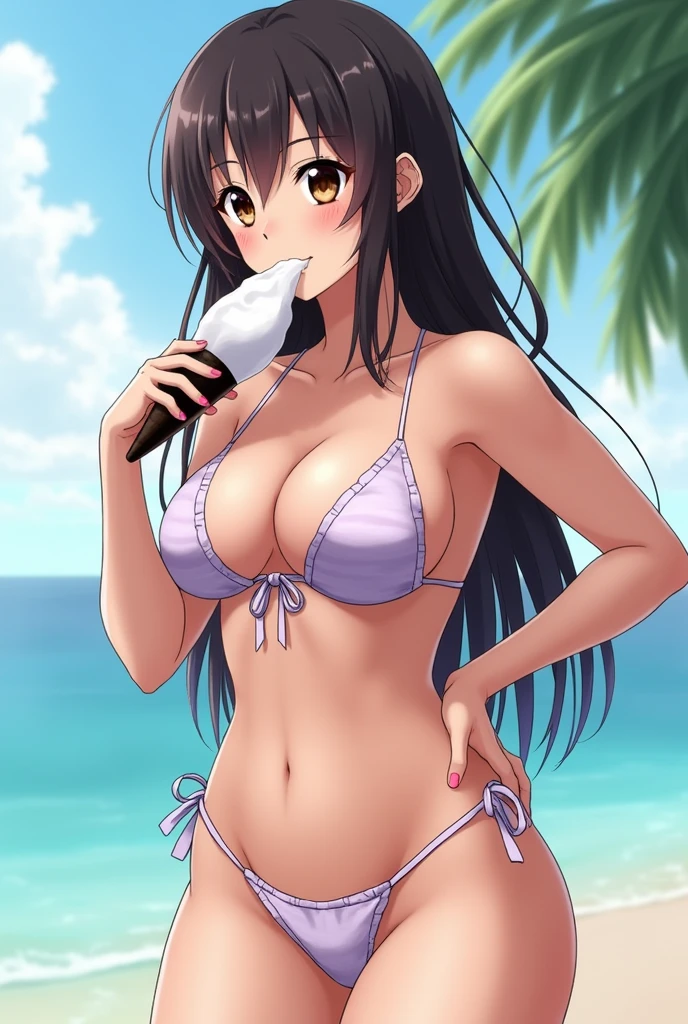 Busty woman in bikini anime bustier take off her bikini asla soaked and with a bigger ass.pour milk on it . Make her face full of thick milk and make the transparent bikini more busty and big ass and more full of milk on the face, the tits are much bigger and put her showing her giant ass,Now that he&#39;s sucking on a black ice cream