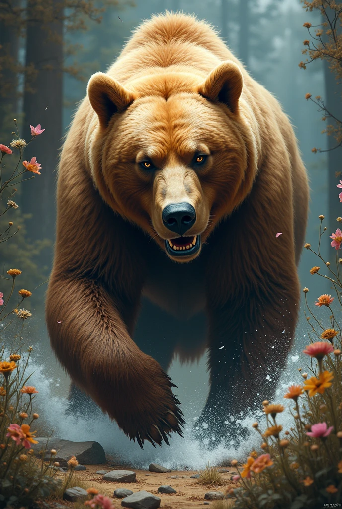 An image of the most sophisticated and complex thing brown bear can possible do, use comprehend color palette according to viewer imagination.