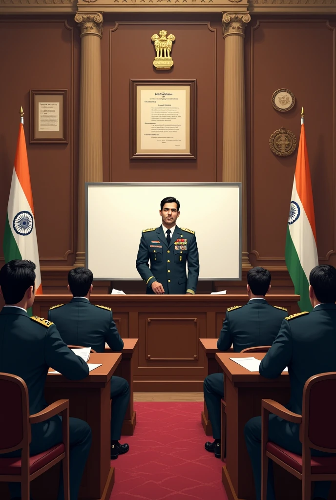 In a formal briefing room within the Delhi courthouse, the chief of security, wearing a uniform with badges, stands at the front, addressing a group of attentive court staff and security personnel. The staff, dressed in formal attire, sit around a large table, some taking notes, while others listen intently. Behind the chief, a large whiteboard displays important points related to security protocols. The atmosphere is serious and focused, with the backdrop of the room showcasing official emblems, framed documents, and the Indian national flag, emphasizing the importance of the briefing in maintaining order and security within the court