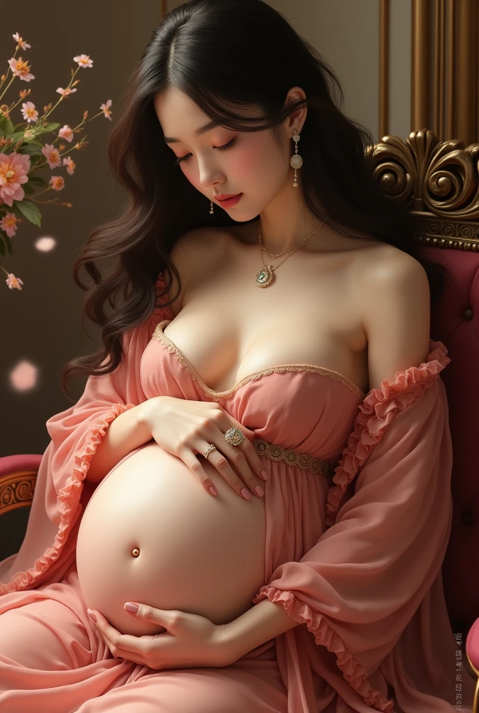 Drawing of a rich and luxurious Korean woman who is pregnant. Her hair falls to her shoulders