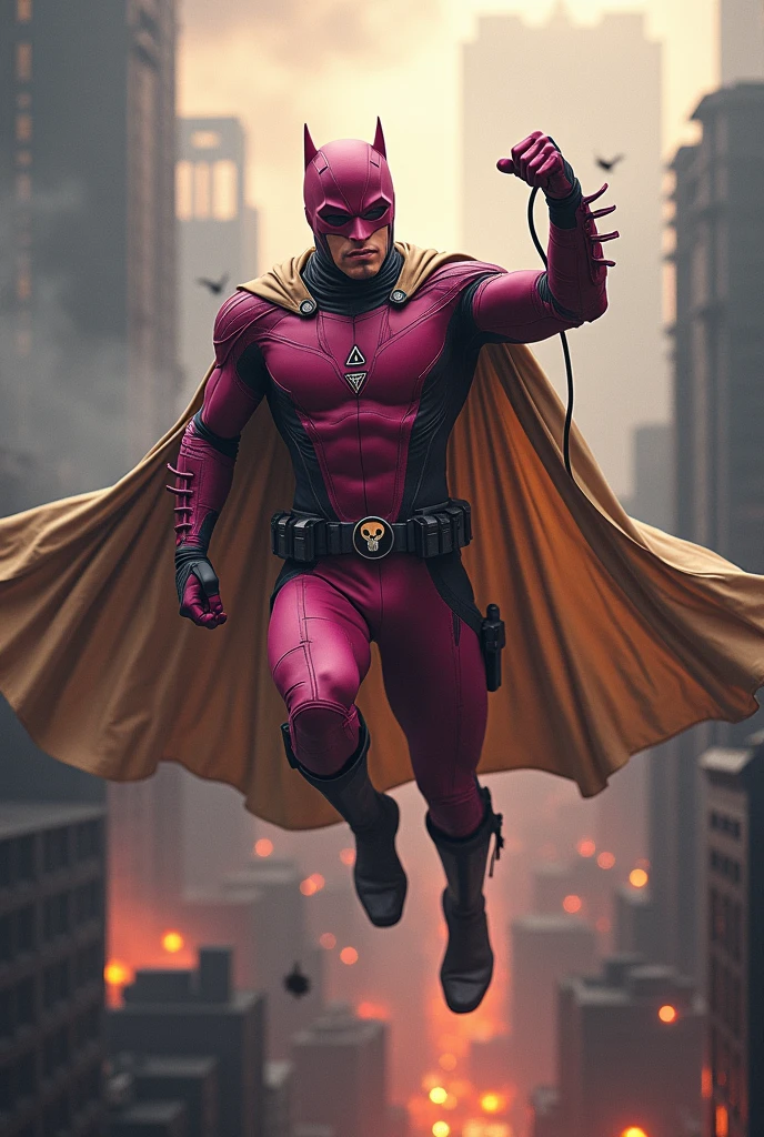 Malaysia man in high-tech suit, vivid effects, malaysian superhero (KELUANG MAN) in a striking pink and beige costume cyberpunk design, mask small mini bat ear beige, daredevil beige mask, jumpsuit dark pink stands confidently in a dramatic.jumping from high place.hero costume.one hand rise up. Big triangle logo on the chest.high detail Punisher logo on the chest. Fighting pose , stormy landscape. ((Head covered node guard like batman. Running pose , athletic body type, small mini ear bat mask))The character wears domino mask a helmet with pointed mini torn ears and a flowing cape biege, open nose and mouth. Equipped with visible futuristic weapons on a belt,bullet proof jacket pink dark day.show fingers pose, dark night, big supermoon effect . Small logo on chest triangle shape small punisher logo center(( skull triangle Casey Jones mask shape logo)) center on chest pink logo mini logo . rocky. Building top.smoke ground , bomb effect background, losse pants, losses costume.adding to --ar 3:4 --style raw --stylize 500 --v 6.1. chaos. Lot of small flying bat. One leg on the high stone. Man. Wear hologram watch.. Real man age 40 year old. One hand holding belt.one hand holding black rope hanging on building. Big pant pink. Beige cape joodie.(( Loose pant)) , jump on high building)marvel , X-Men.