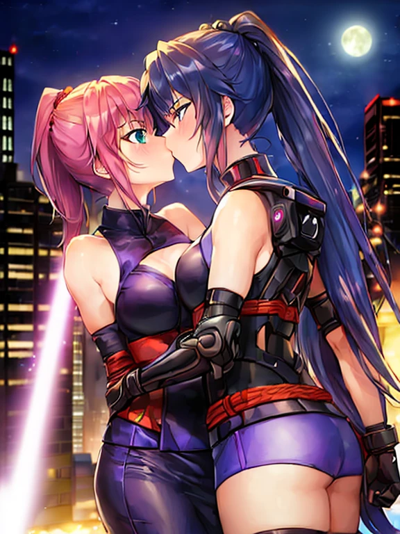 ((2girl,yuri),female ninja,princess),Very detailed,High resolution,4K,8k,masterpiece,High resolution,(moon night,Late Night,long shot,Cyberpunk cityscape,Vibrant neon glow),(kiss),gazed at each other