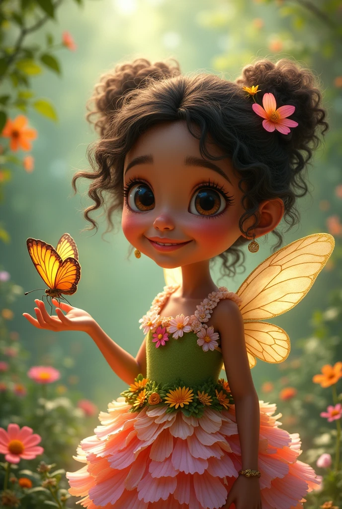 Style fée une de 6 ans métisse avec les yeux marrons qui sourit. Un papillon est posé sur sa main. Elle porte une robe de pétales de fleurs dans les tons roses et verts. Des fleurs sont visibles et des animaux. Elle a les cheveux crépus. Elle a des ailes dans le dos dorés