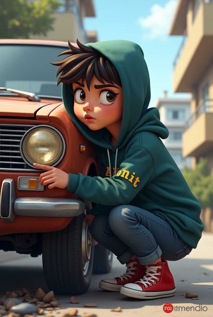 A boy shiting on a car and boy wear a hoody and hoody name is Amrit