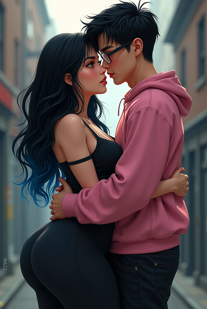 Couple of boyfriends, she is gothic with a curvy body, big cheeks, big butt, black hair with blue and big brown eyes, clear skin, He has straight hair combed up and small rectangular glasses and a wide nose and a pink sweatshirt and black pants.