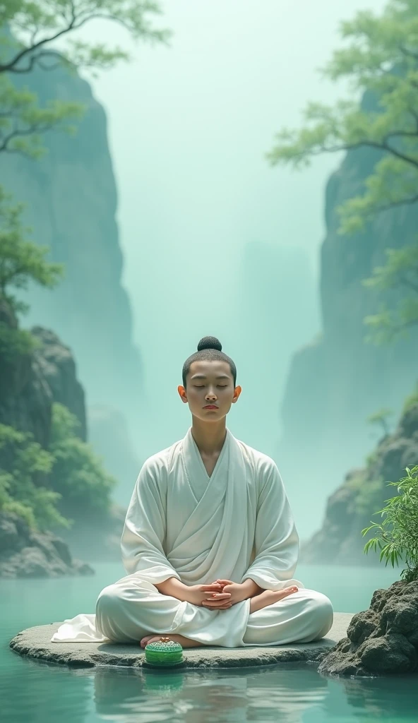 light blue-green,Chinese artistic conception style mural,A young monk is meditating,The lens is shot from the front,The expression is calm。Simple and elegant style,clear wallpaper,Exquisite details,Surrounded by light-colored landscape paintings,light mist,Green leaves,Jade carving technology,Ultra-high resolution。