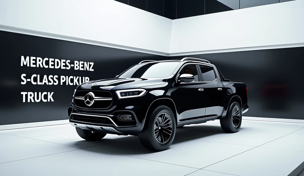 A stunning, futuristic pickup truck(Benz x class pickup truck 2025 ) takes center stage in a luxury white showroom. The vibrant (black) exterior gleams, drawing attention to its sleek, aerodynamic design and bold accents. The pick up truck( Mercedes Benz S-Class pickup truck 2025) " is prominently displayed in large, metallic letters on the pick up truck, set against a dark wall. The ( interior view) view showcases the cutting-edge innovation and technology of its time, inviting potential buyers to experience the future of automotive design and performance. This awe-inspiring image promises an unparalleled driving experience.