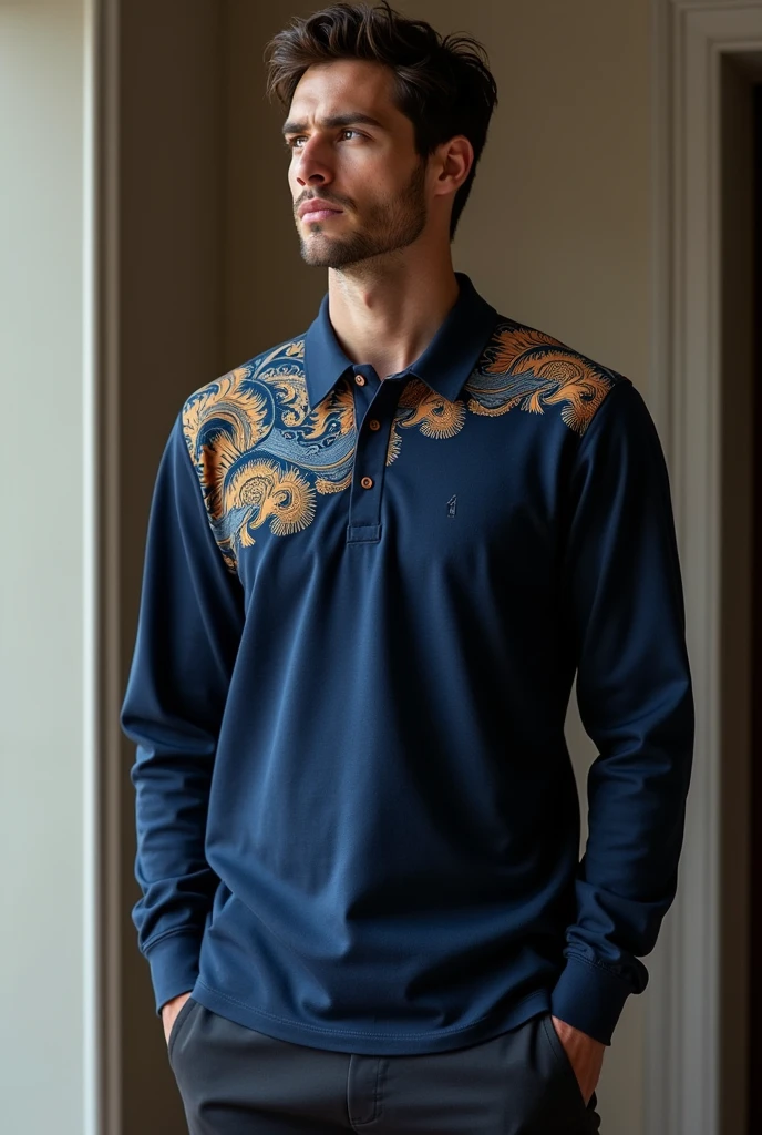 Create an image of a plain navy blue long-sleeve men's polo shirt with a Megamendung batik pattern running along the shoulder seams and upper back, set against a framed background. Focus solely on the shirt without any person wearing it.
