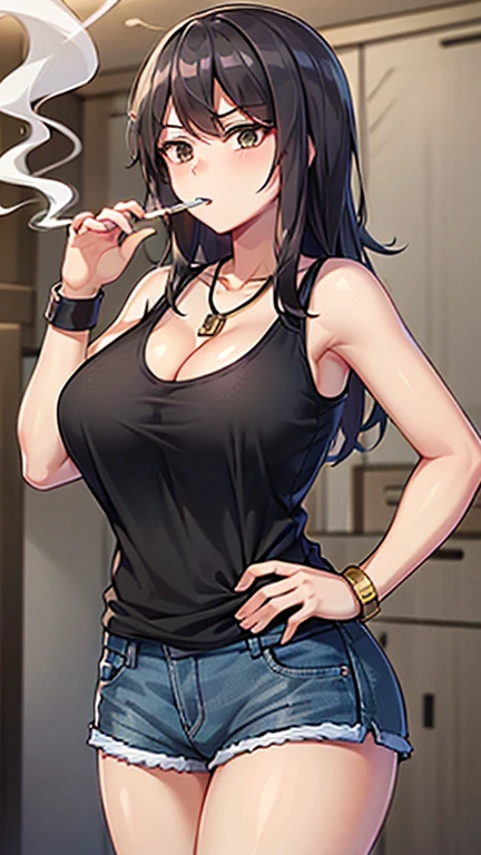 Highest quality,high resolution,２d,(Cel animation style),One woman,30 year old Asian female,(Straight long black hair),((Black tank top)),((Denim shorts)),((1 with a pistol in each hand.3)),(Skull Necklace),Black sneakers,(Beautiful face with slits 1.3)，Black wristband on left wrist,Beautiful Style,Glamorous Body,(Large Breasts),(((Holding a cigarette)))