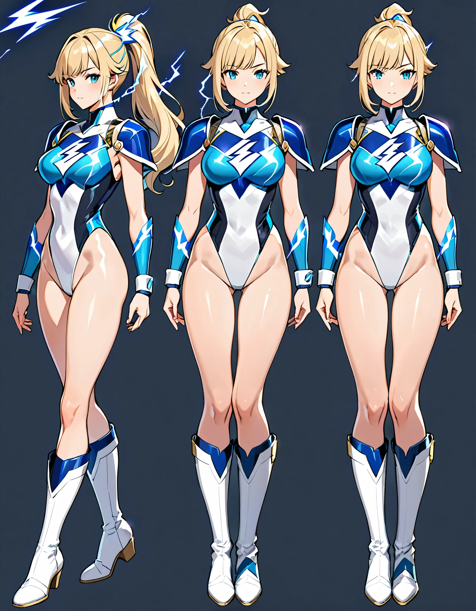 1girl, tall body, light blonde hair, aquamarine eyes, boots, breasts, bracelets, hair ornament, (shoulder-length hair, ponytail, bangs), full body with costume, (leotard, perfect leotard, gymnast outfit leotard, white leotard with blue accents, bare legs), hi-tech shoulder pads, (white boots), medium breasts, perfect hands, complete fingers, perfect anatomy, perfect proportions, solo, solo focus, superhero, ((blue lightning/(logo/) on chest)), beautiful detailed eyes, beautiful detailed face, age 18. Simple background, Multiple Views, Character Sheet Full-Length.