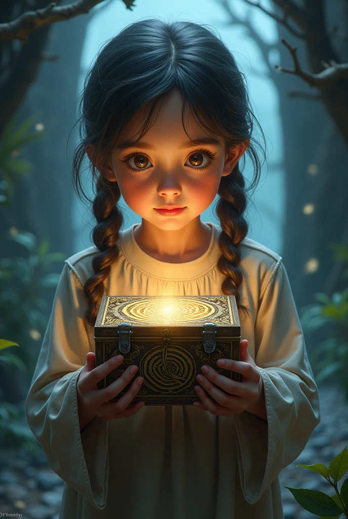 A girl holding a magical box with swirly pattern and symbols