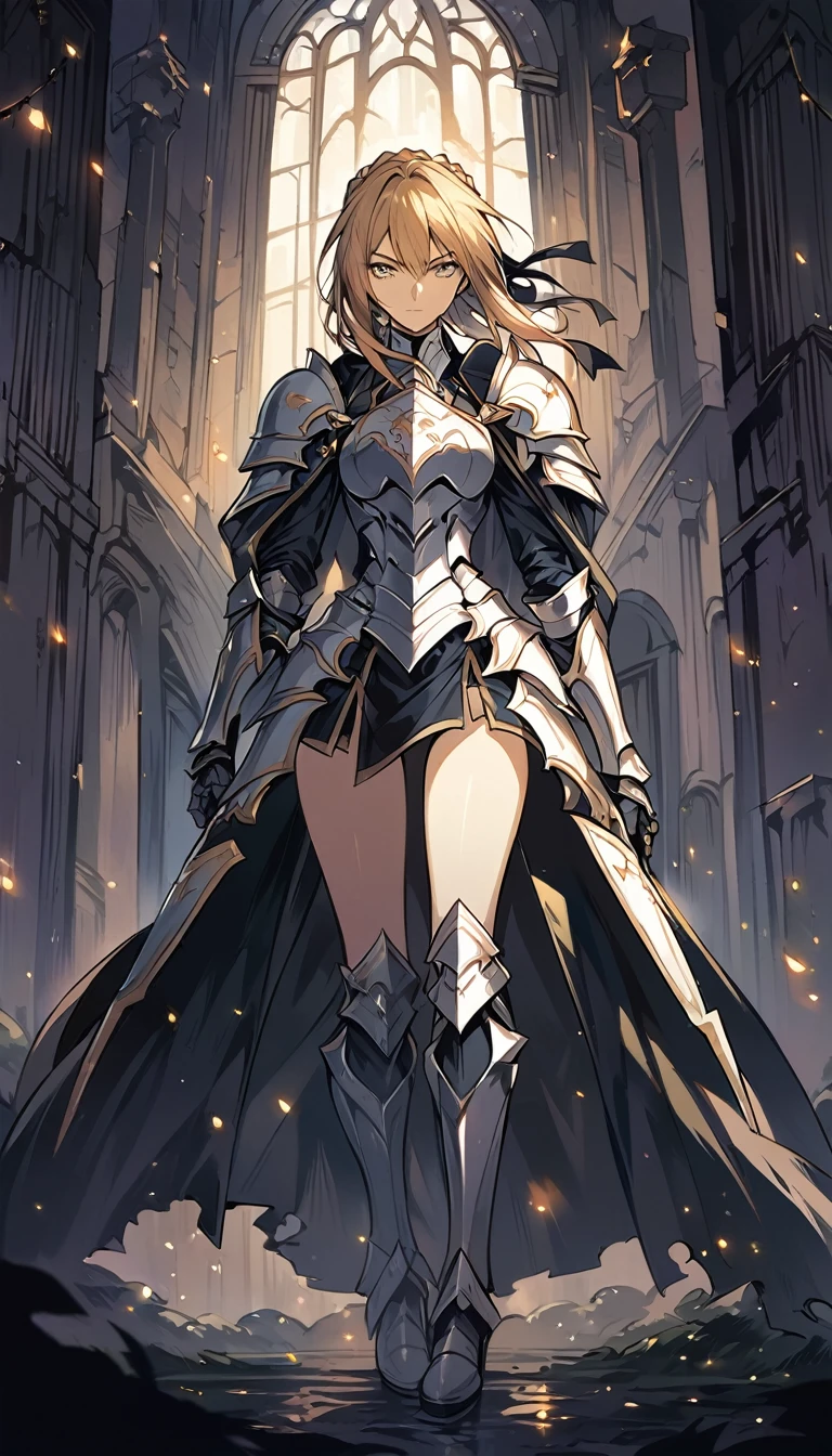 score_9, score_8_up, score_7_up, score_6_up, source_anime, BREAK Anime - Stylistic image of Artoria Pendragon (braid, short dress, ribbon, hair ribbon, armor, gauntlets, armored dress, boots:1.2), BREAK cleavage, (standing with sword, hands resting on sword:1.3), BREAK Kushatt Krenz Key Art Women, Extremely detailed Artgerm, Artgerm on ArtStation Pixiv, BREAK Epic light novel art cover, gorgeous female paladin, trending on artstation pixiv, Portrait Chevaliers du Zodiaque Fille, BREAK dimly lit spooky mansion, midnight, shallow depth of field, BREAK highly detailed, bokeh, moody, epic, gorgeous, grainy, BREAK (ultra-detailed), (best illustration), (best shadow), (absurdres), (detailed background), (very aesthetic).