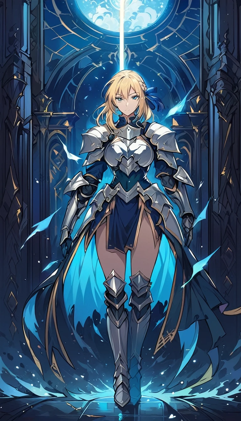 score_9, score_8_up, score_7_up, score_6_up, source_anime, BREAK Anime - Stylistic image of Artoria Pendragon (braid, short dress, ribbon, hair ribbon, armor, gauntlets, armored dress, boots:1.2), BREAK cleavage, (standing with sword, hands resting on sword:1.3), BREAK Kushatt Krenz Key Art Women, Extremely detailed Artgerm, Artgerm on ArtStation Pixiv, BREAK Epic light novel art cover, gorgeous female paladin, trending on artstation pixiv, Portrait Chevaliers du Zodiaque Fille, BREAK dimly lit spooky mansion, midnight, shallow depth of field, BREAK highly detailed, bokeh, moody, epic, gorgeous, grainy, BREAK (ultra-detailed), (best illustration), (best shadow), (absurdres), (detailed background), (very aesthetic).