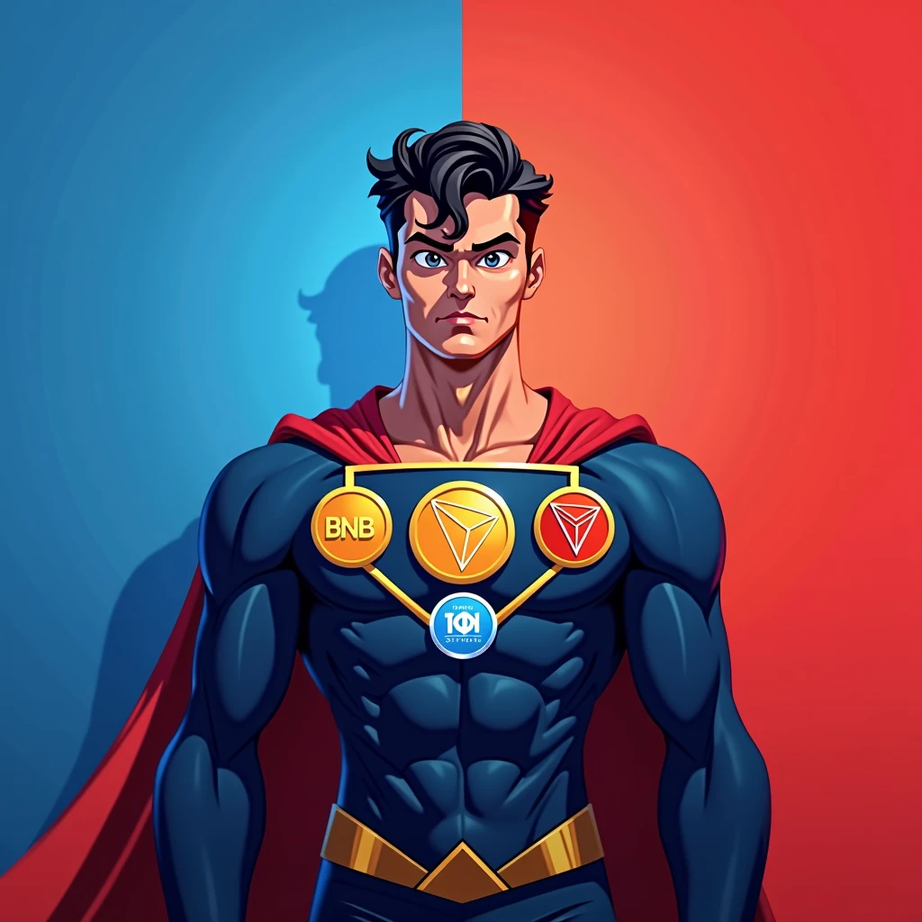 The image shows a superhero character standing confidently against a background split between blue on the left side and red on the right side, creating a strong visual contrast. The character's suit mirrors this color scheme, with the left half of the suit in blue and the right half in red.
The character has short, wavy black hair and a determined expression, with wide eyes and a slightly furrowed brow. The suit features a triangular chest emblem, which prominently displays three cryptocurrency logos:
1. **Binance (BNB) Logo**: In yellow, located at the top left of the triangle.
2. **Tron (TRX) Logo**: In red, located at the top right of the triangle.
3. **TON (The Open Network) Logo**: In blue, located at the bottom center of the triangle.
The emblem is outlined in gold, adding a bright accent to the design. The superhero's cape follows the same split color pattern, with the left side blue and the right side red. The overall design is clean and stylized, with a strong emphasis on the dual color theme and the integration of the cryptocurrency logos on the chest emblem.