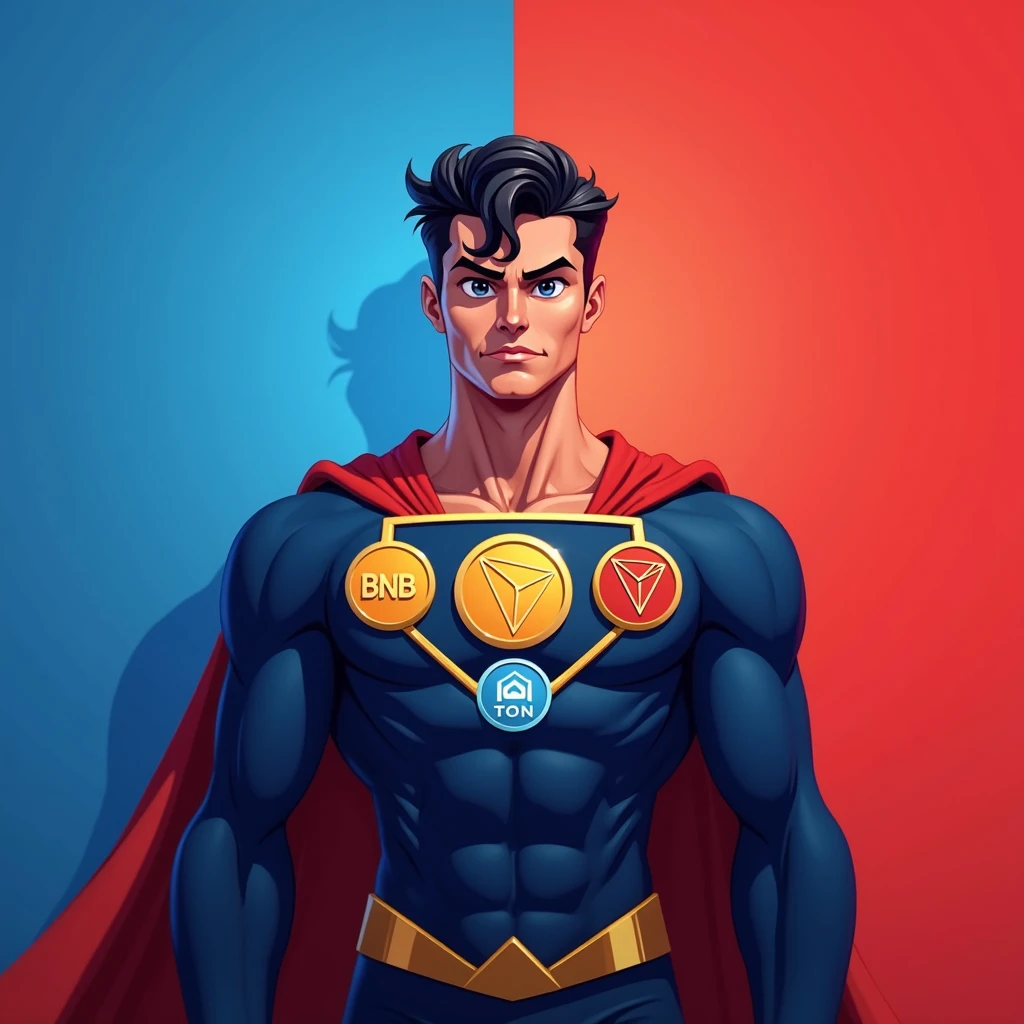 The image shows a superhero character standing confidently against a background split between blue on the left side and red on the right side, creating a strong visual contrast. The character's suit mirrors this color scheme, with the left half of the suit in blue and the right half in red.
The character has short, wavy black hair and a determined expression, with wide eyes and a slightly furrowed brow. The suit features a triangular chest emblem, which prominently displays three cryptocurrency logos:
1. **Binance (BNB) Logo**: In yellow, located at the top left of the triangle.
2. **Tron (TRX) Logo**: In red, located at the top right of the triangle.
3. **TON (The Open Network) Logo**: In blue, located at the bottom center of the triangle.
The emblem is outlined in gold, adding a bright accent to the design. The superhero's cape follows the same split color pattern, with the left side blue and the right side red. The overall design is clean and stylized, with a strong emphasis on the dual color theme and the integration of the cryptocurrency logos on the chest emblem.