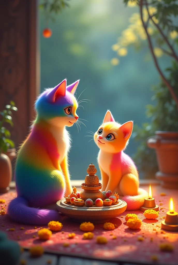 Prompt 9**: A serene image of the small altar set up by hansome rainbow coloured cat male character and Meera, is female character of rainbow coloured cat with marigold flowers, an idol of baby radhakrishna oil lamps, and an offering of sweets and fruits.