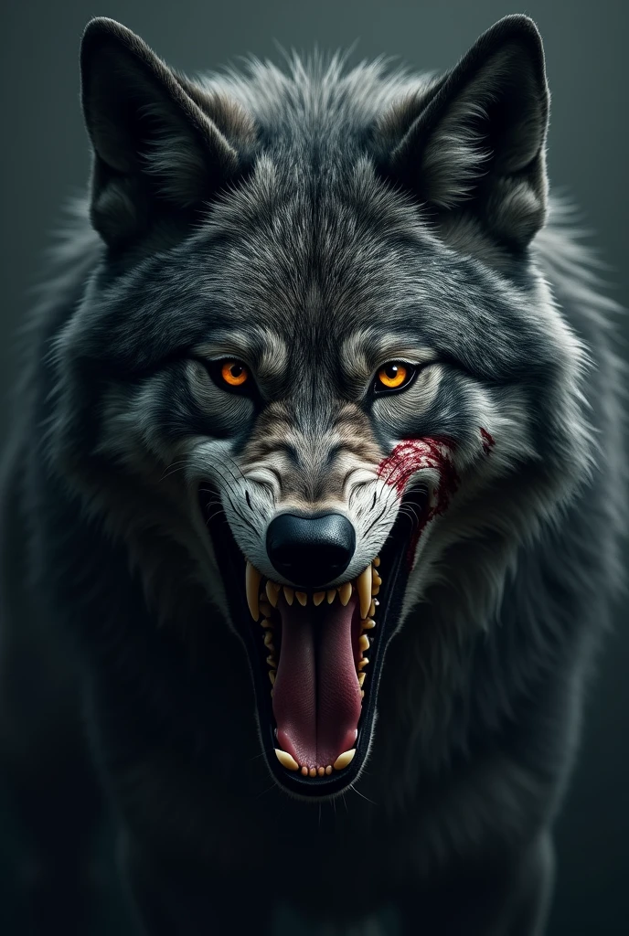 Create a Lionel Messi image with half face of very scary dark angry wolf with blood scars