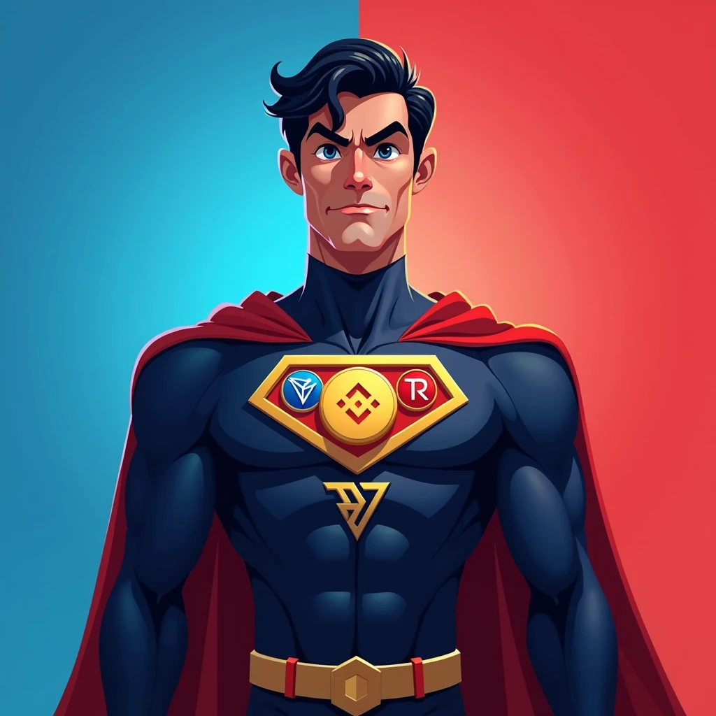 The image shows a superhero character standing confidently against a background split between blue on the left side and red on the right side, creating a strong visual contrast. The character's suit mirrors this color scheme, with the left half of the suit in blue and the right half in red. 

The character has short, wavy black hair and a determined expression, with wide eyes and a slightly furrowed brow. The suit features a triangular chest emblem, which prominently displays three cryptocurrency logos:

1. **Binance (BNB) Logo**: In yellow, located at the top left of the triangle.
2. **Tron (TRX) Logo**: In red, located at the top right of the triangle.
3. **TON (The Open Network) Logo**: In blue, located at the bottom center of the triangle.

The emblem is outlined in gold, adding a bright accent to the design. The superhero's cape follows the same split color pattern, with the left side blue and the right side red. The overall design is clean and stylized, with a strong emphasis on the dual color theme and the integration of the cryptocurrency logos on the chest emblem.