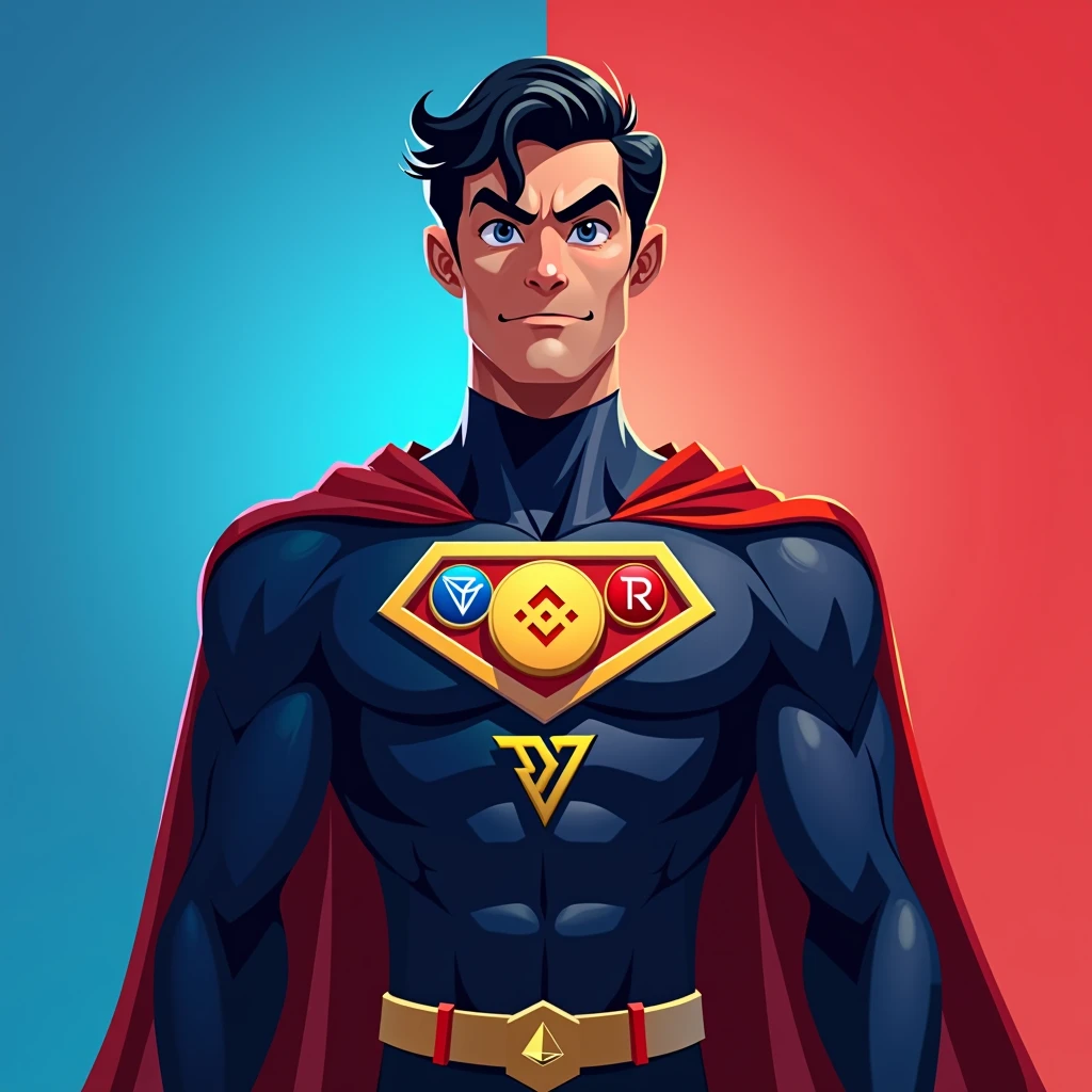 The image shows a superhero character standing confidently against a background split ween blue on the left side and red on the right side, creating a strong visual contrast. The character's suit mirrors this color scheme, with the left half of the suit in blue and the right half in red.
The character has short, wavy black hair and a determined expression, with wide eyes and a slightly furrowed brow. The suit features a triangular chest emblem, which prominently displays three cryptocurrency logos:
1. Binance (BNB) Logo: In yellow, located at the top left of the triangle.
2. Tron (TRX) Logo: In red, located at the top right of the triangle.
3. TON (The Open Network) Logo: In blue, located at the bottom center of the triangle.
The emblem is outlined in gold, adding a bright accent to the design. The superhero's cape follows the same split color pattern, with the left side blue and the right side red. The overall design is clean and stylized, with a strong emphasis on the dual color theme and the integration of the cryptocurrency logos on the chest emblem.
