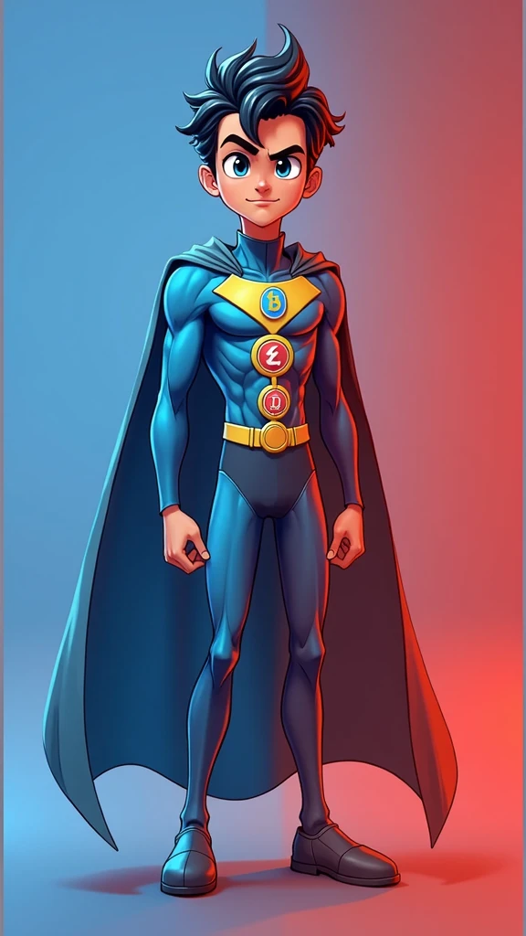 The image shows a superhero character standing confidently against a background split between blue on the left side and red on the right side, creating a strong visual contrast. The character's suit mirrors this color scheme, with the left half of the suit in blue and the right half in red.
The character has short, wavy black hair and a determined expression, with wide eyes and a slightly furrowed brow. The suit features a triangular chest emblem, which prominently displays three cryptocurrency logos:
1. **Binance (BNB) Logo**: In yellow, located at the top left of the triangle.
2. **Tron (TRX) Logo**: In red, located at the top right of the triangle.
3. **TON (The Open Network) Logo**: In blue, located at the bottom center of the triangle.
The emblem is outlined in gold, adding a bright accent to the design. The superhero's cape follows the same split color pattern, with the left side blue and the right side red. The overall design is clean and stylized, with a strong emphasis on the dual color theme and the integration of the cryptocurrency logos on the chest emblem.