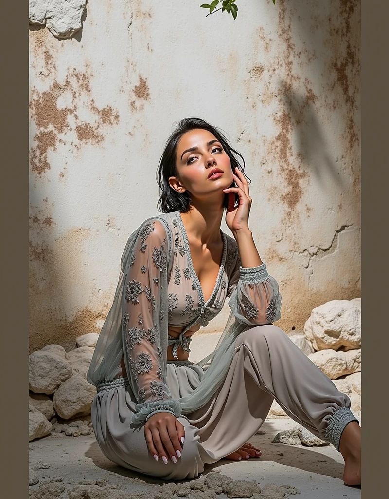 RAW photo, best quality, masterpiece, photorealistic, Polish girl, 20 years old, full body, black hair, Light grey eyes, short bob cut, hair in 7 thirds, hair over one ear, Detailed Skin, Detailed face, Big Breasts, rip gloss, Gel Nails, Detailed finger