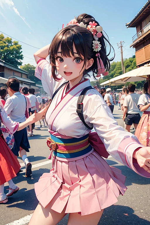 (Japan Bon Odori,最高masterpiece,Highest quality), Hot August,Bright vibrant anime art,People of all ages and genders dance and dance, Let's dance in yukata,Laughing and dancing, Showing white teeth,Men and women dance in a circle, masterpiece,Highest quality,High resolution,