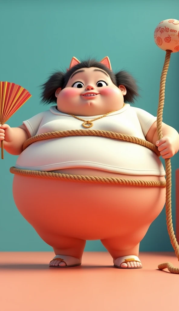 A very fat woman is tied with a fan 3d cartoon  