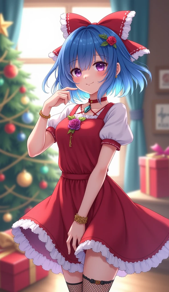 1girl, bangs, blue hair, bow, box, bracelet, christmas, christmas tree, cowboy shot, dress, earrings, fishnets, flower, gift, gift box, hair ornament, hamel, jewelry, looking at viewer, multicolored hair, necklace, pantyhose, parted lips, purple eyes, red dress, ribbon, rose, short hair, smile, solo, thighhighs