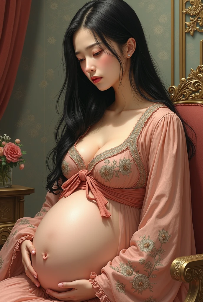 ((Correct anatomy, masterpiece, best quality:1.5)), ultra high res, photorealistic, RAW photography, (finely detailed:1.3), 16K, nsfw, indoor, bedroom, 1 girl, Japanese lady, solo, (pregnant:1.5), ((childbirth, labor pain:1.5)), black hair, long hair, (sweat:1.4), brown eyes, (highly detailed eyes, tears:1.4), beautiful nose, beautiful lips, ((camisole:1.1)), ((cleavage:1.3)), (((bottomless, spread legs, bare legs:1.5))), (((supine, lying on a bed:1.4))), ((pussy, pubic hair:1.4)), (((opening pussy:1.3)))