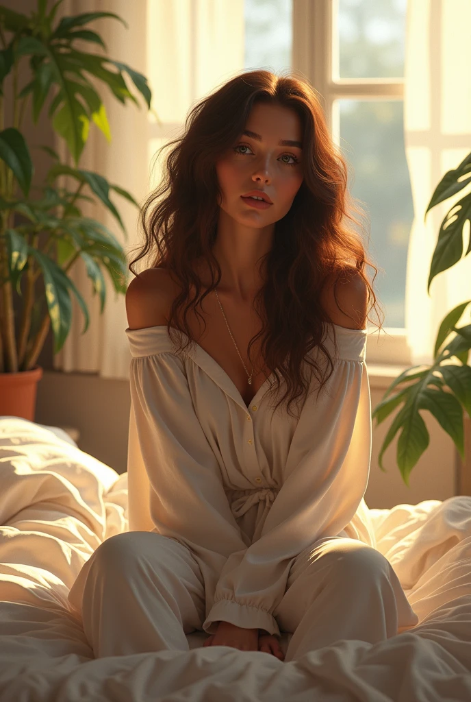 (photorealism:1.2), beautiful woman, sitting on bed, wearing loose off-shoulder top, pajama pants, long curly hair, indoors, soft lighting, plants in background, window with sunlight, cozy room, relaxed pose, realistic, intricate details, warm colors, by Greg Rutkowski, by Alphonse Mucha