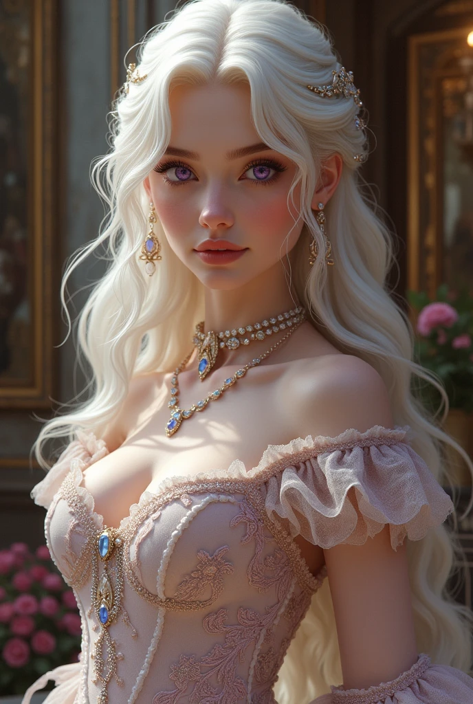 Make a girl with pale skin, purple eyes and long pearly white hair, she is a very beautiful young woman, wearing an elegant dress showing her position in royalty as a countess