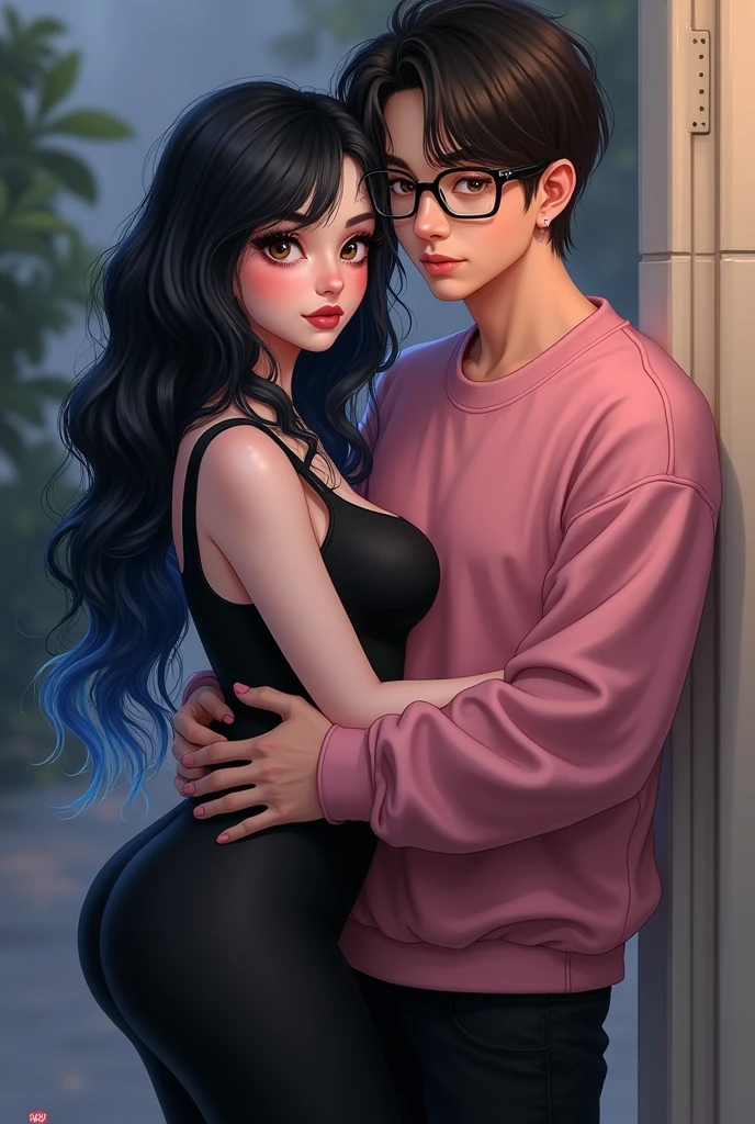 Couple of boyfriends she curvy body big cheeks, big butt, long black hair with blue, big brown eyes with fair skin and dressed in black, He had straight hair combed up and small rectangular glasses and a wide nose and was dressed in a pink sweatshirt and long shorts
