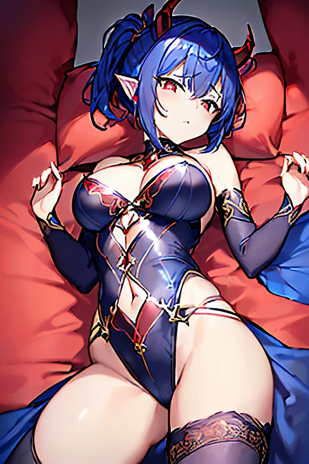 (4K、high resolution、Detailed light、Detailed Shadows、Detailed Design)、1 girl、Dark blue hair、Short Hair、ponytail、((Black and blue outfit:1.5、Red Gem:1.2、red decoration:1.2、Circlet))、Too big slit、Bigger breasts、Unintentional exposure、(Devil horns:1.3)、Lying in bed、Expectant gaze:1.3