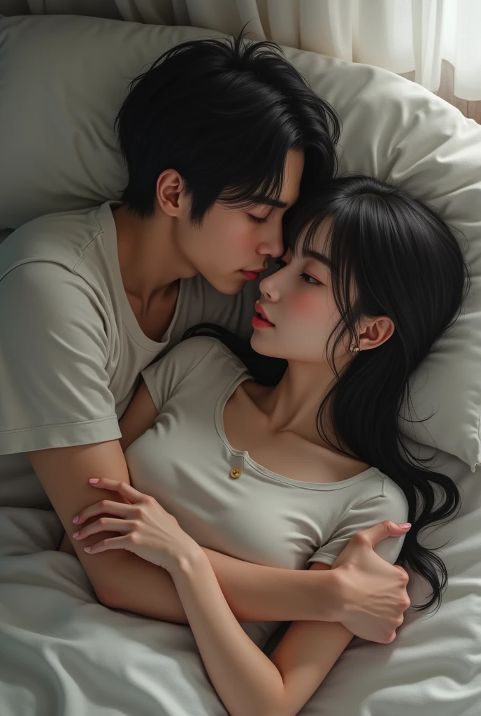 The woman turns to the side、The woman has her back to the man,A man is hugging from behind,In bed,The woman has long hair,The woman is wearing a T-shirt,men are20Old Japanese,men areTシャツを着ている,2人ともIn bedで横になっている,Beautiful eyes,Fine skin,The woman has her eyes down